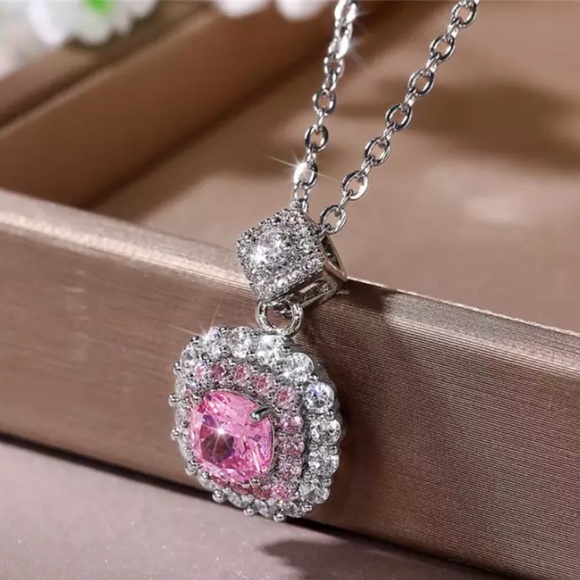 Sterling Silver Pink Lab Created Sapphire/Diamond Halo Pendant ONLY - Picture 2 of 3